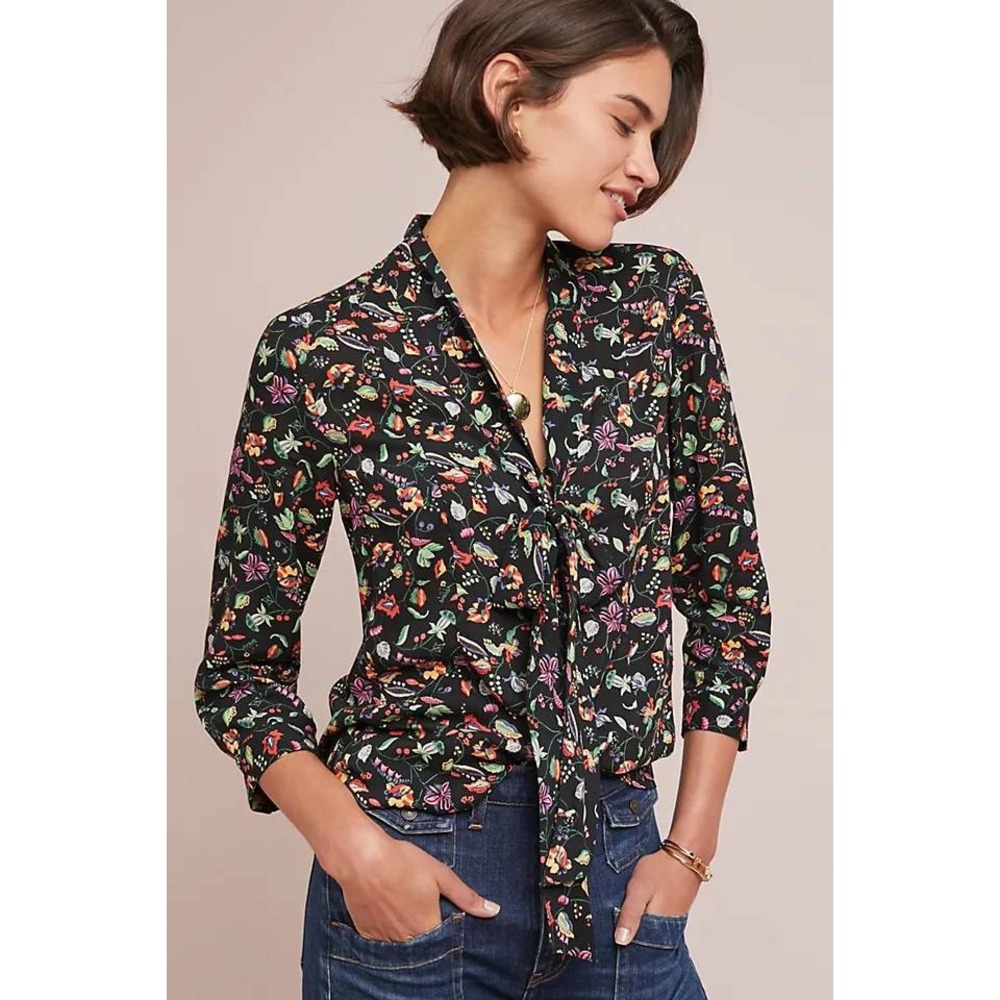 Anthropologie Conversations Colloquial Neck-Tie Floral Boho Blouse Top Size 2